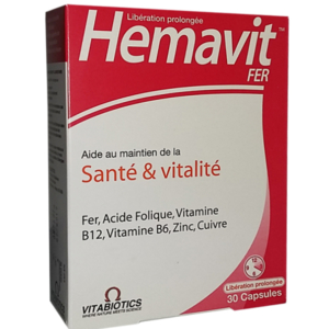 Vitabiotics – Hemavit Fer Santé et Vitalité – 30 capsules Promo Parapharmacie Casablanca Maroc - Medical Media Store
